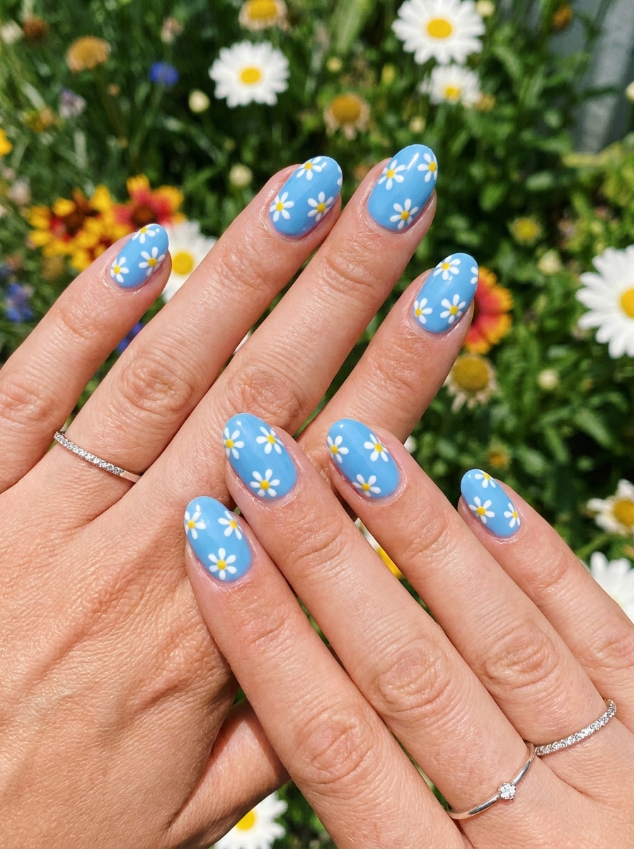 Sky Blue Daisy Nails